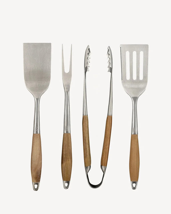 Set aus 4 Edelstahl- und Akazienholz-Utensilien