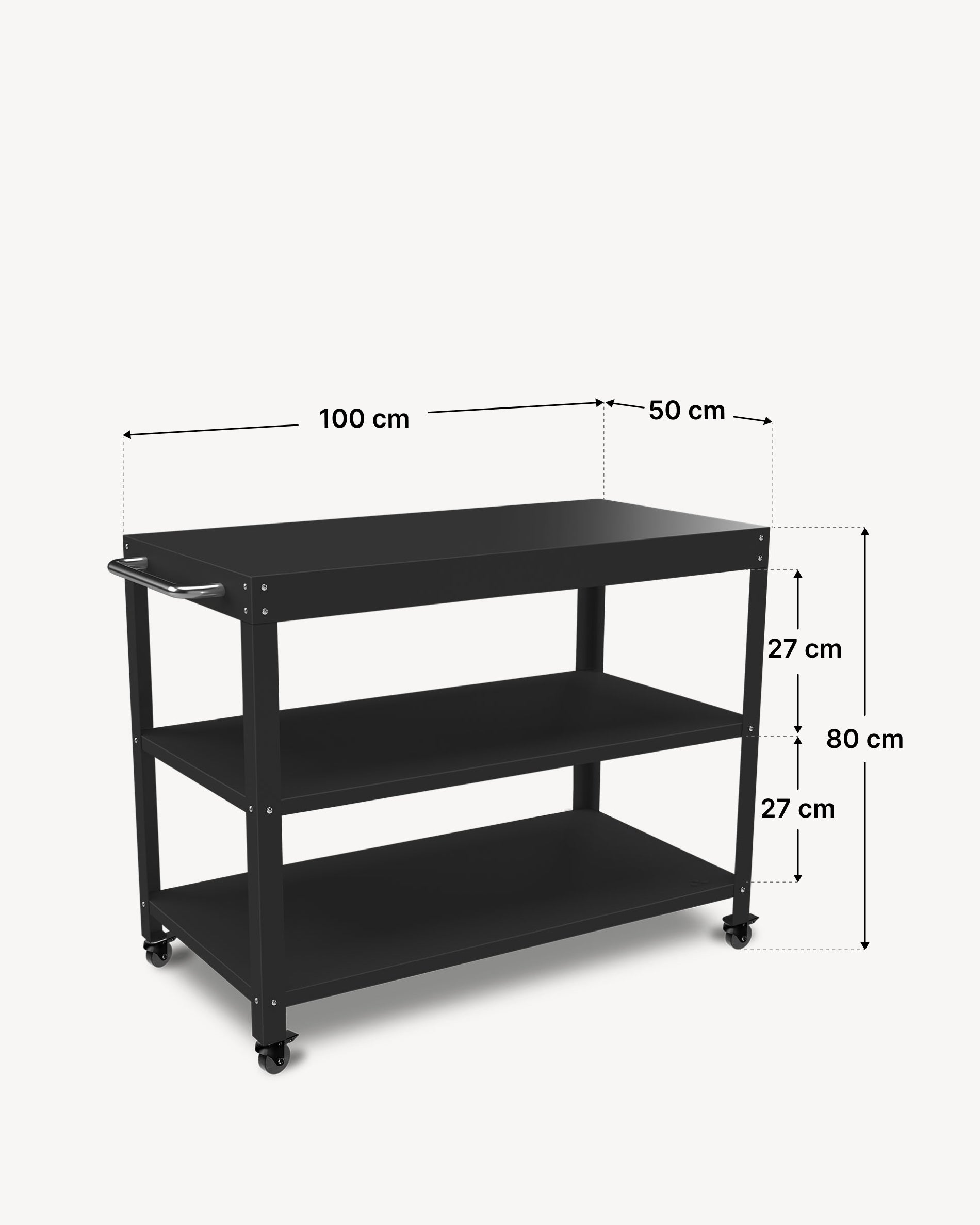 Metall-Beistelltisch mit drei Ablageflächen, Maße angegeben: Breite 100 cm, Tiefe 50 cm, Gesamthöhe 80 cm.