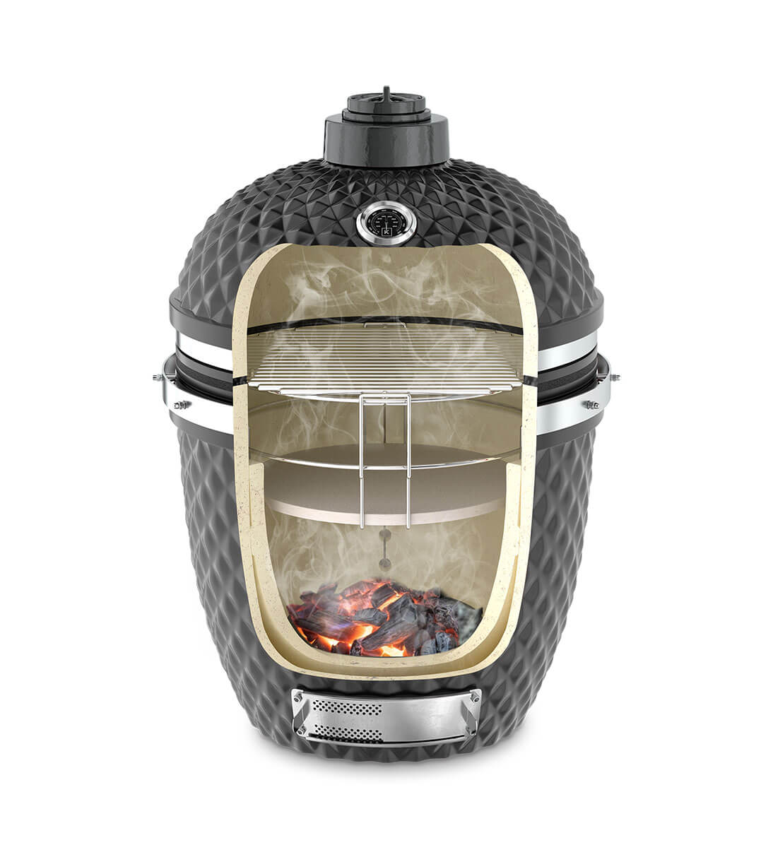Vertikalschnitt eines tiefschwarzen Kokko Kamado