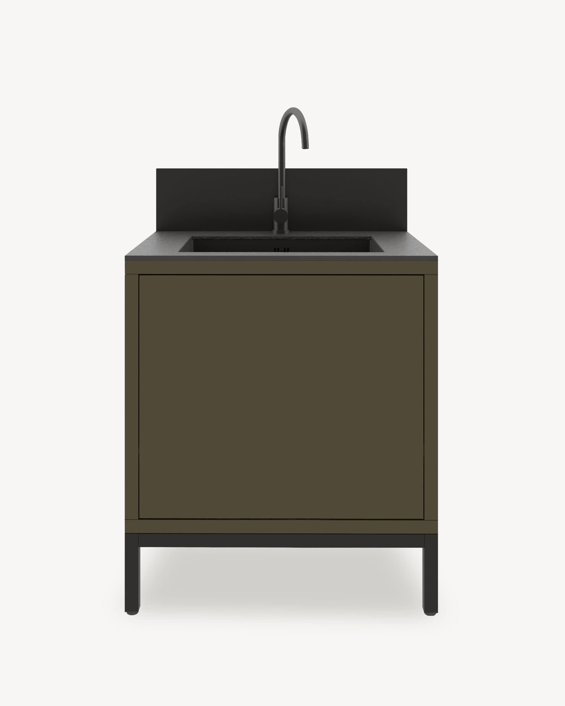 Module de cuisine pilotis avec évier intégré, meuble coloris vert olive avec rangement fermé, plan de travail sombre et crédence intégrée.