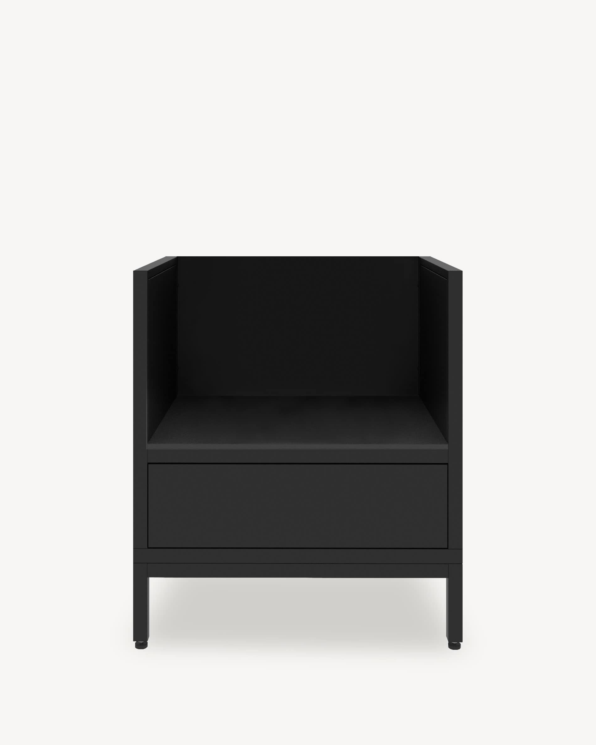 Module de cuisine pilotis pour kamado, meuble coloris noir avec rangement fermé, plan de travail sombre et parois latérales intégrées.