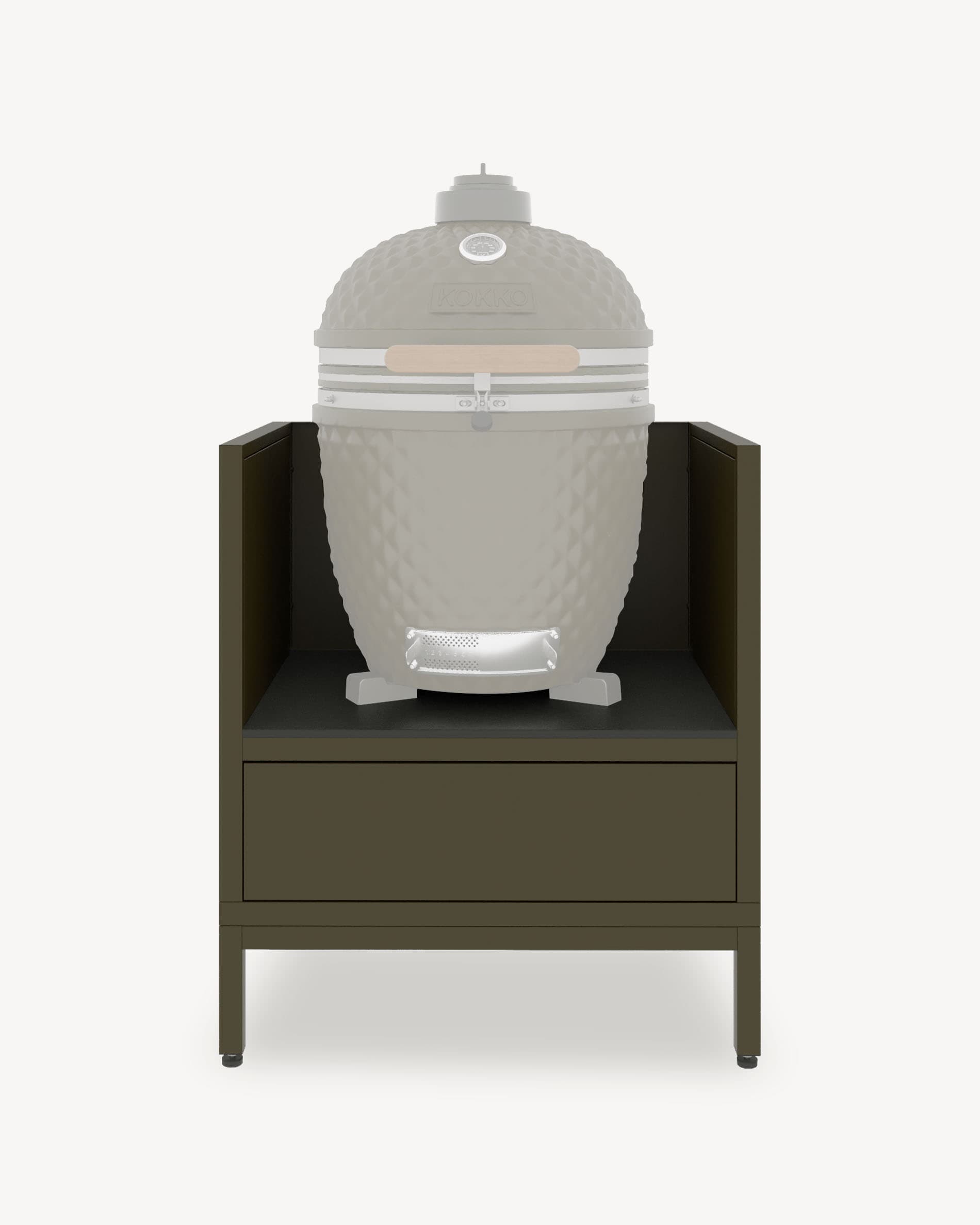 Module de cuisine pilotis pour kamado, meuble coloris vert olive avec rangement fermé, plan de travail sombre et parois latérales intégrées.