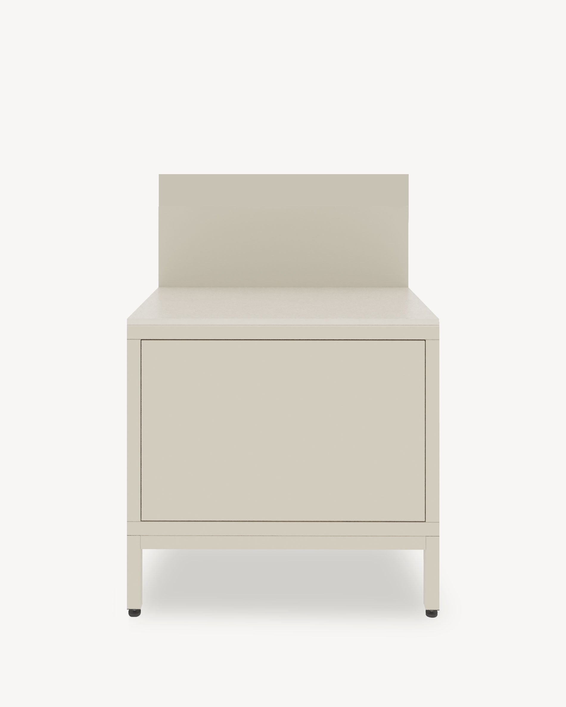 Module de cuisine pilotis pour plancha, façade coloris crème, rangement fermé, plan de travail et crédence intégrés.