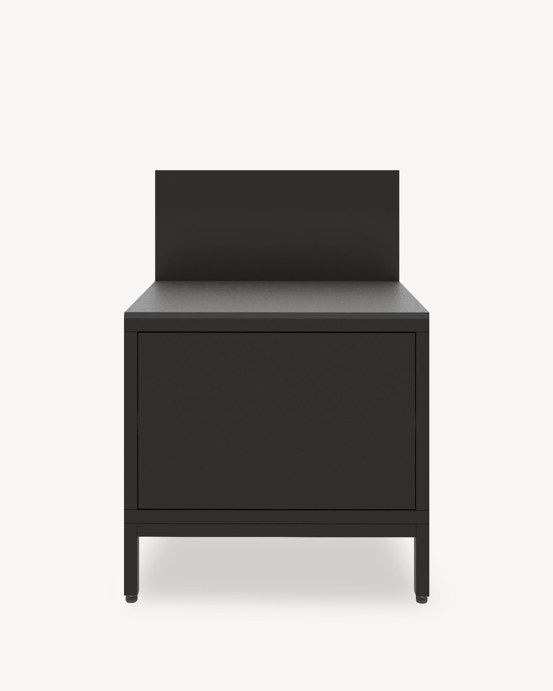 Module de cuisine pilotis pour plancha, façade coloris noir, rangement fermé, plan de travail et crédence intégrés.