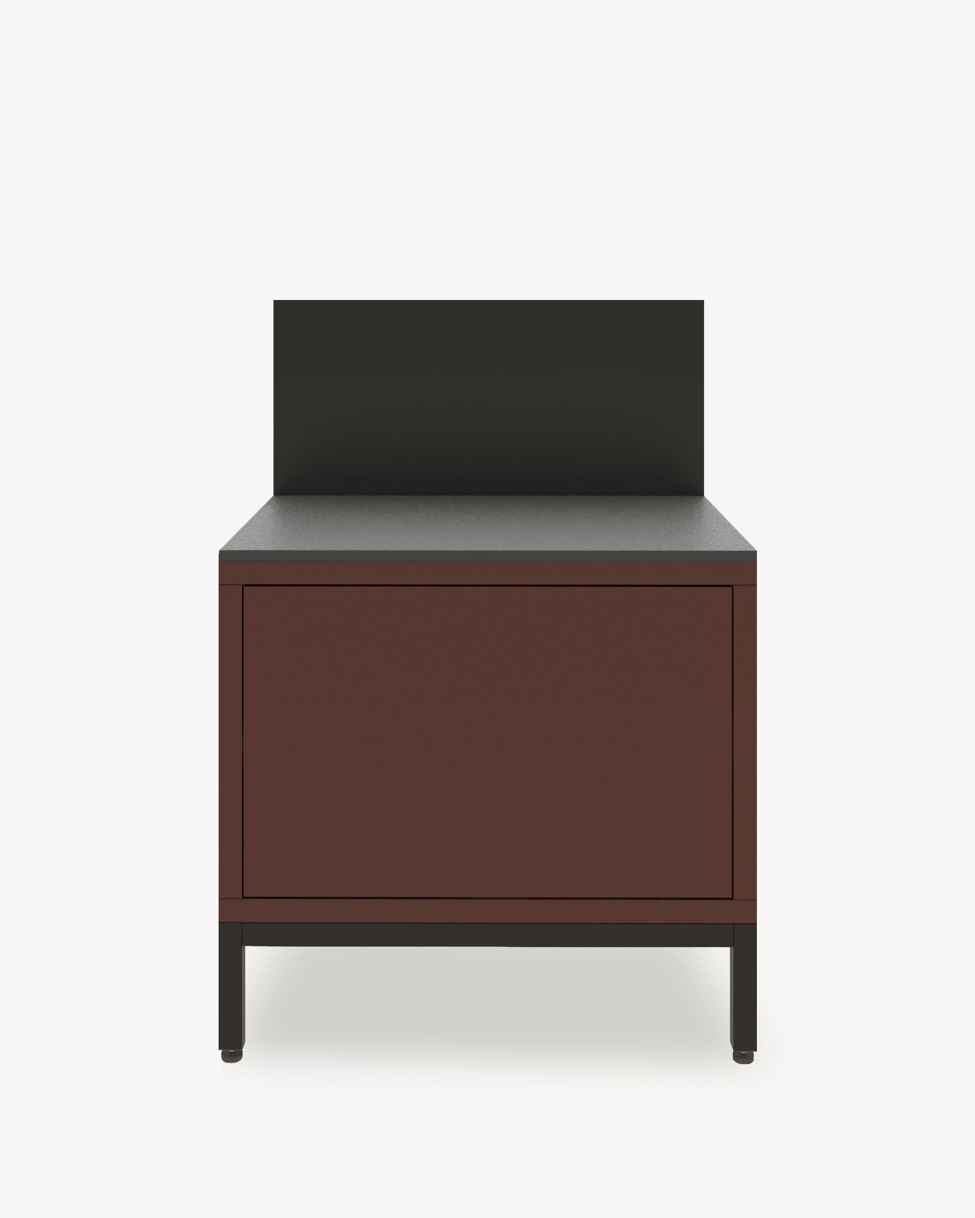 Module de cuisine pilotis pour plancha, façade coloris brun rouille, rangement fermé, plan de travail et crédence intégrés.