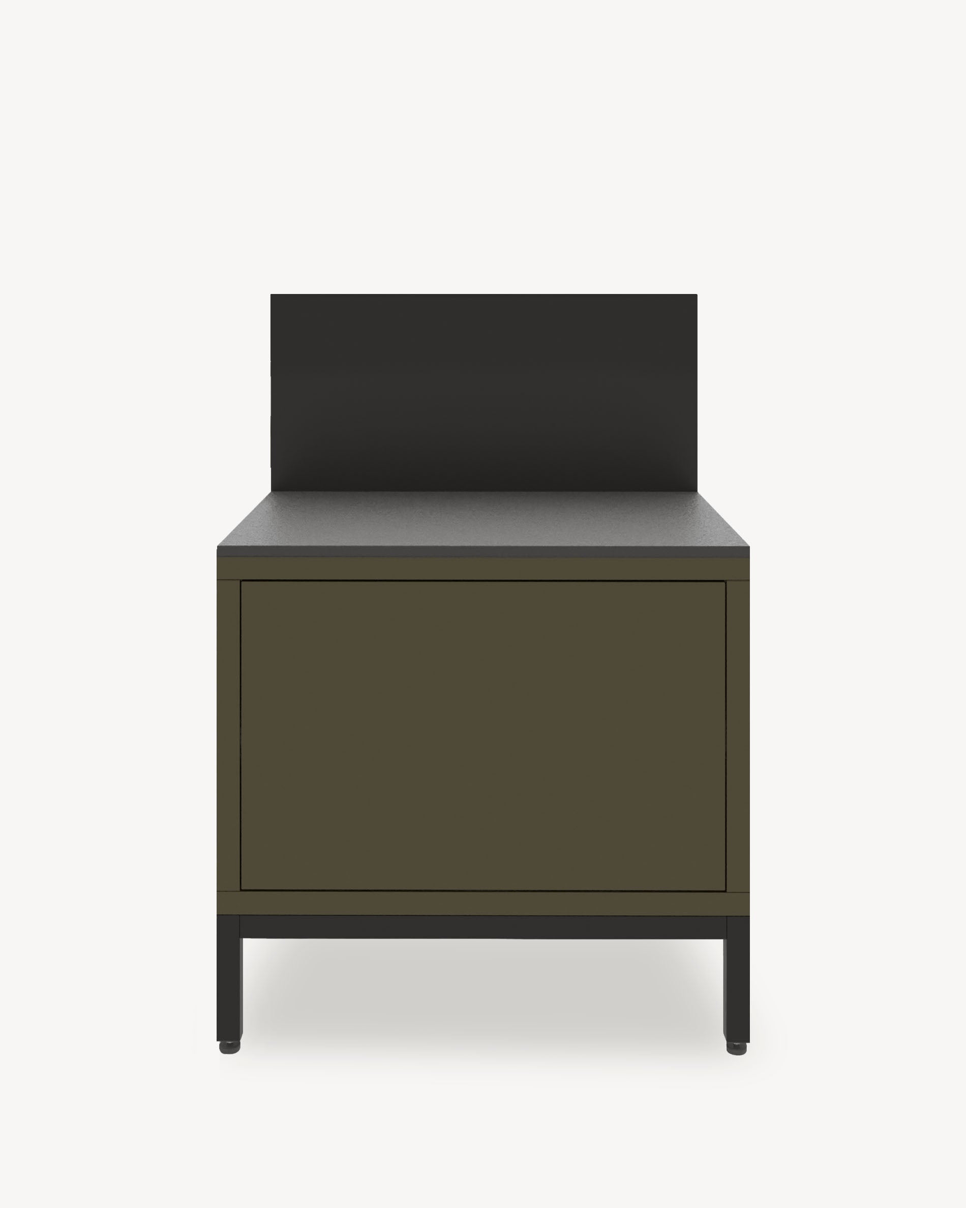 Module de cuisine pilotis pour plancha, façade coloris vert olive, rangement fermé, plan de travail et crédence intégrés.