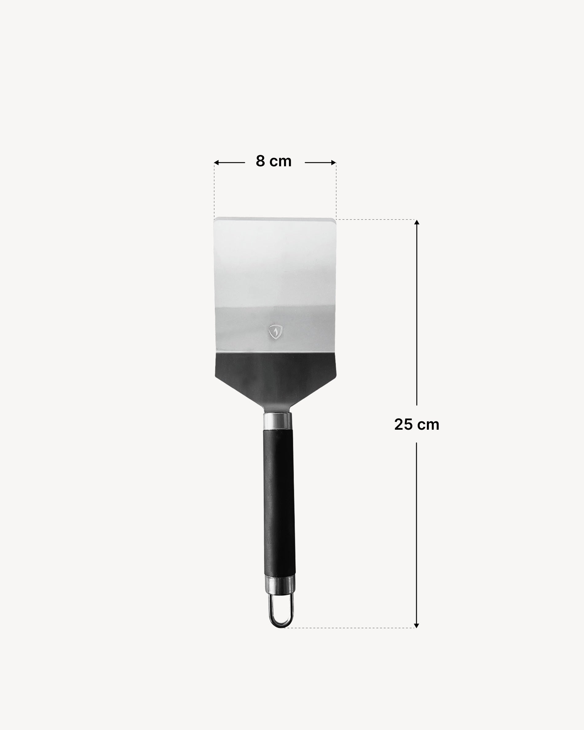 Spatule classique en inox avec manche ergonomique noir, présentée sur fond clair avec indication des dimensions : largeur de lame de 8 cm et longueur totale de 25 cm.